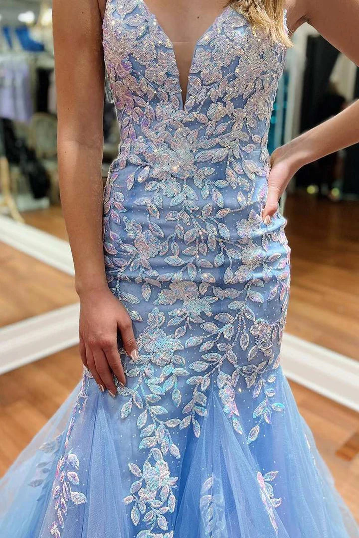 Tulle Applique Plunge V Trumpet Long Prom Dress