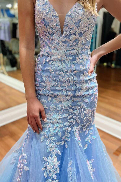 Tulle Applique Plunge V Trumpet Long Prom Dress