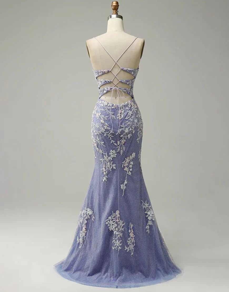 Mermaid V-neck Tulle Glitter Appliques Prom Dresses With Slit