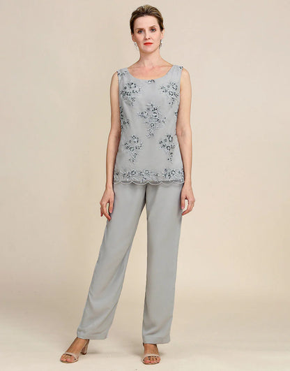 Grey 3 Piece Mother of the Bride Pant Suits with Lace