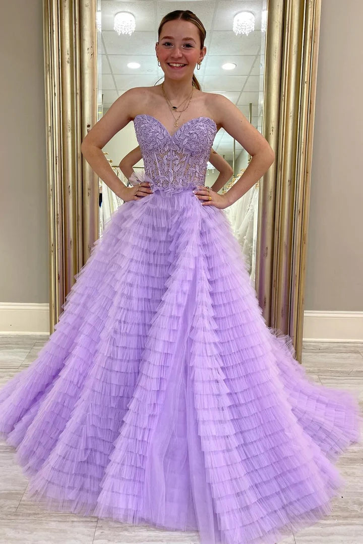 Appliques Sweetheart Ruffle Tiered A-Line Prom Dress