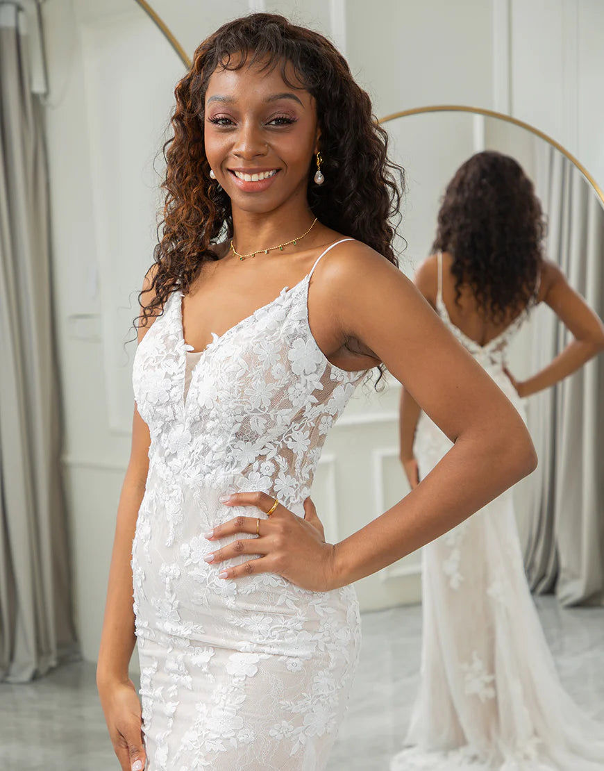 Mermaid V Neck Blackless Ivory Long Bridal Dress