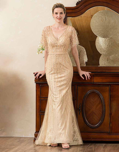 Beading V-neck Glitter Mermaid Mother of Bride Dress