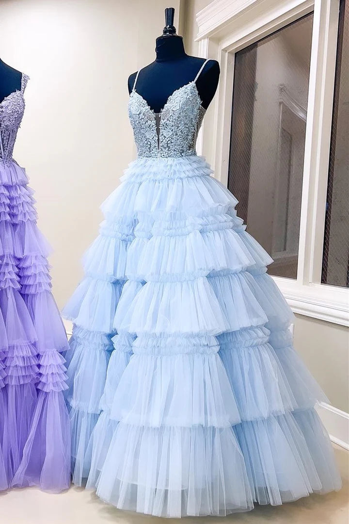 Beaded Spaghetti Strap Ruffle Tiered Ball Gown
