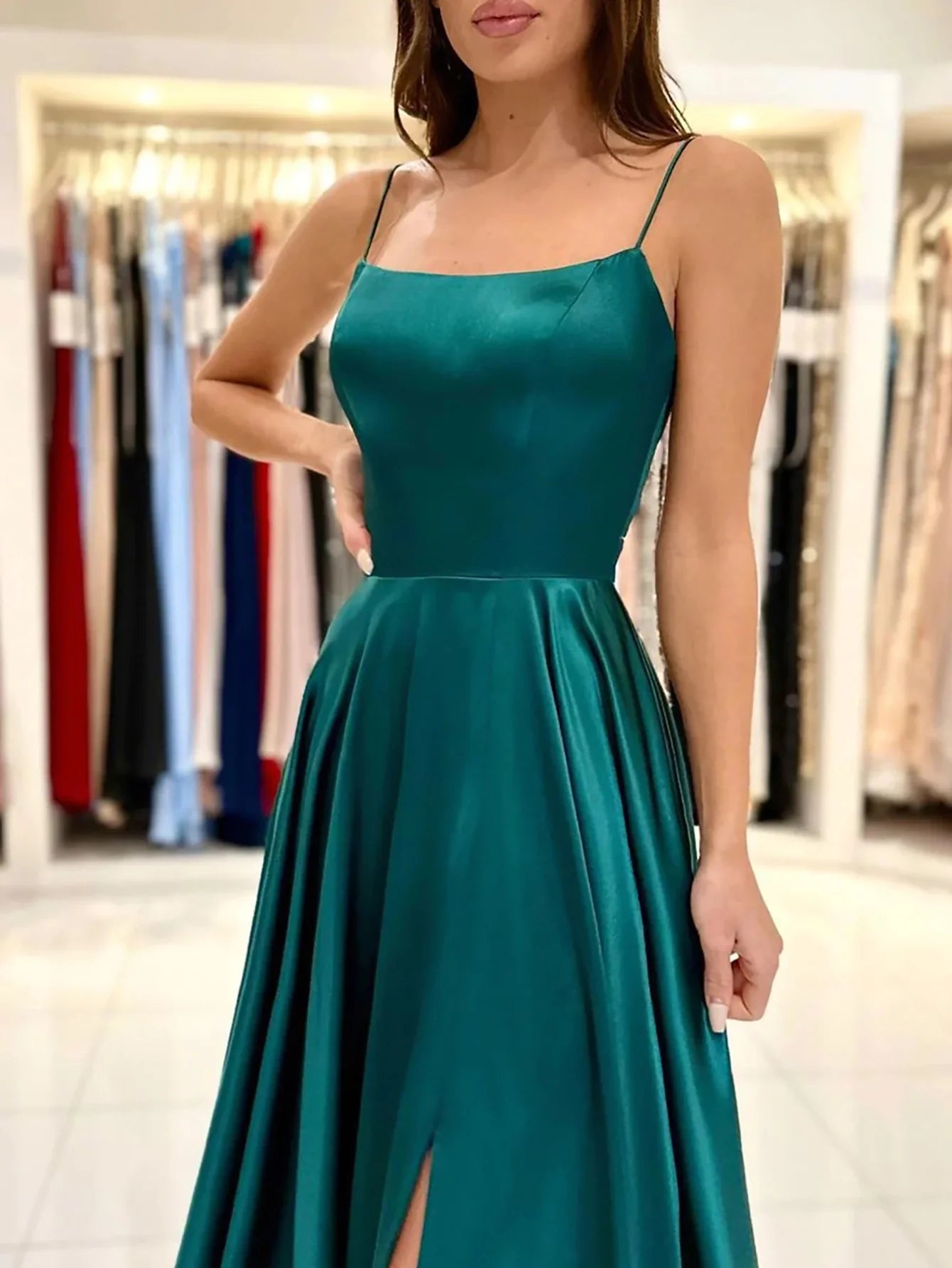 A Line Spaghetti Straps Satin Long Prom Dress
