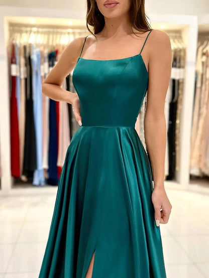 A Line Spaghetti Straps Satin Long Prom Dress