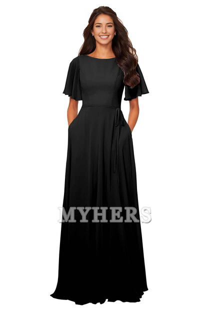 Chiffon Modest A Line Bateau Neck Flutter Sleeve Elegant Bridesmaid Dresses Wedding Guests Dresses
