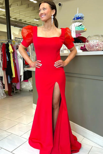 Square Neck Puff Sleeve Mermaid Long Dress with Slit