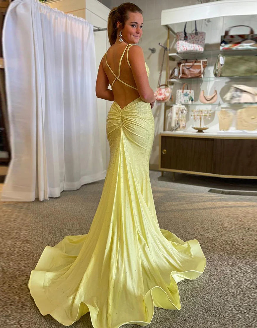 Grey V-Neck Spaghetti Strap Backless Mermaid Open Back Prom Dress