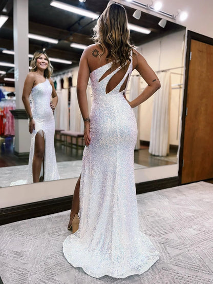 Mermaid One Shoulder Sequin Prom Dress with Slit