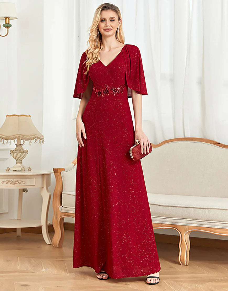 Glitter V-Neck Burgundy Mother of the Bride Dress with Cape