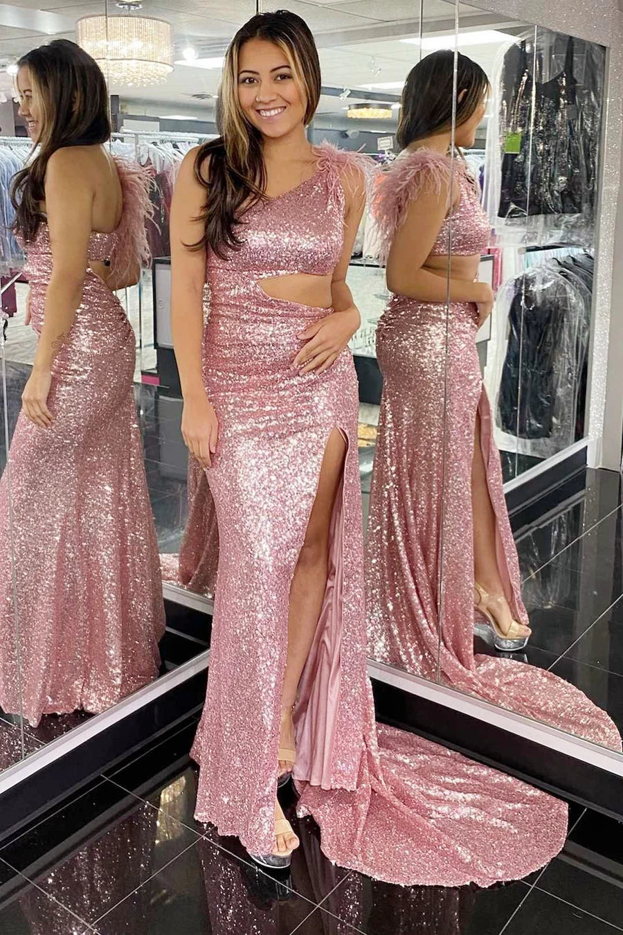 One-Shoulder Sequin Feathers Cutout Mermaid Long Prom Dress