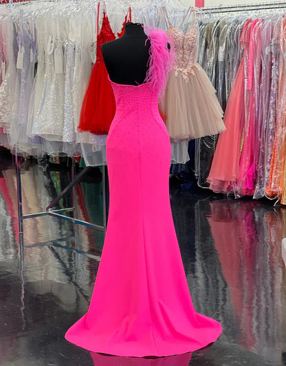 One Shoulder Hot Pink Prom Dress with Feathers