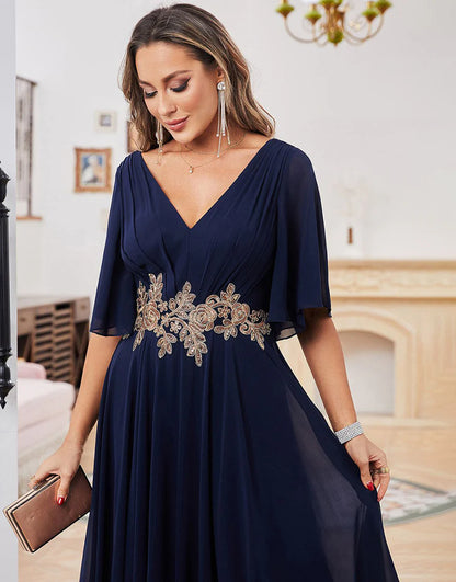 A-line Chiffon V-neck Short Sleeve Mother of Bride Dress