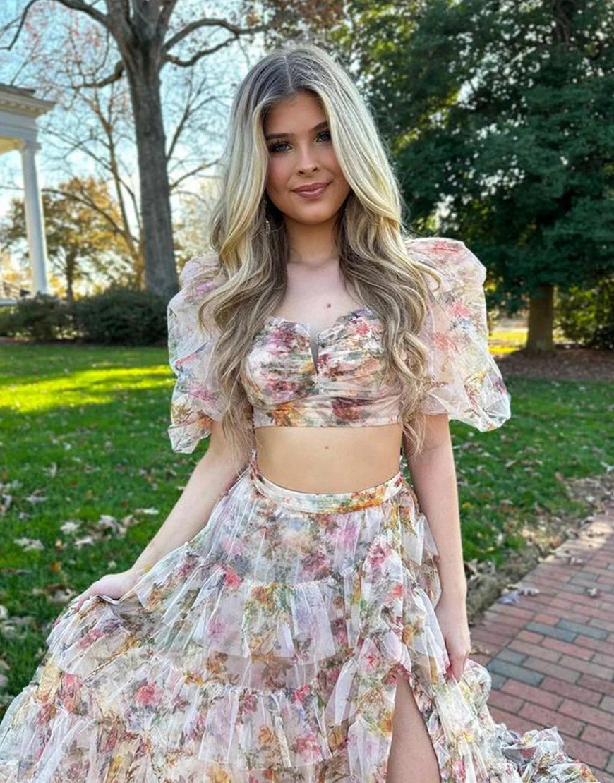 A Line Two Pieces Set Tulle Long Prom Dress