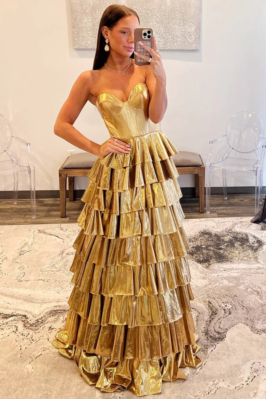 Metallic  Sweetheart Ruffle Tiered Prom Dress