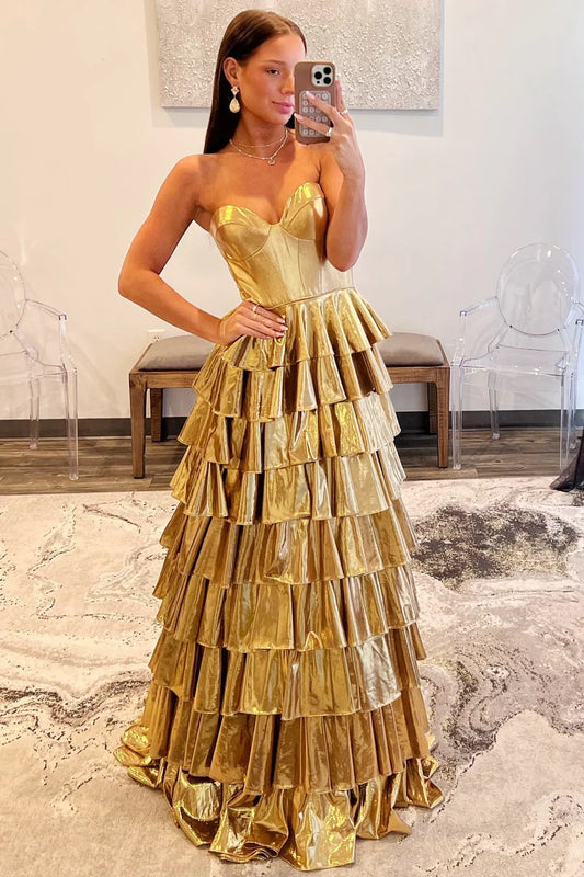 Metallic  Sweetheart Ruffle Tiered Prom Dress