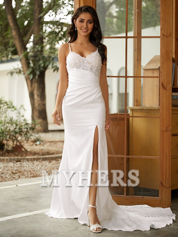 My Hers Exquisite Wedding Dresses Mermaid Sheath/Column Stretch Crepe Lace V-neck Sleeveless Sweep/Brush Train Elegant Sparkle Wedding Guests Dresses