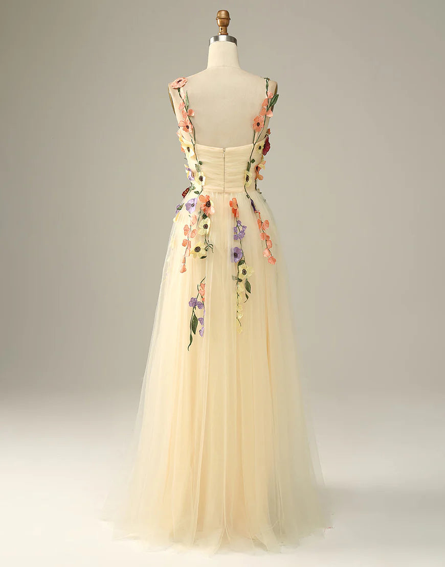 A Line Long Prom Dress With 3D Flower