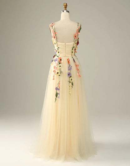 A Line Long Prom Dress With 3D Flower