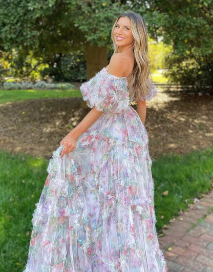 A Line Strapless Off The Shoulder Floral Tulle Long Prom Dress