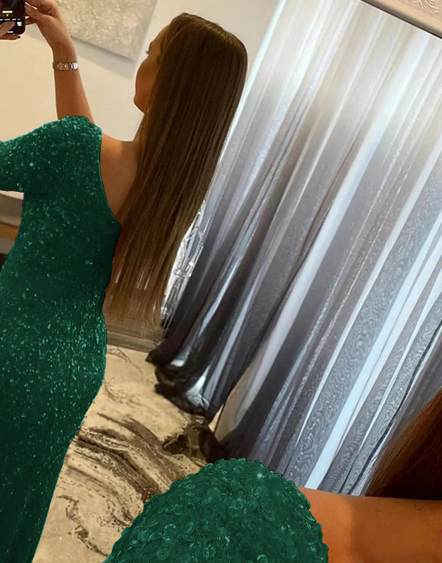One Shoulder Sequined Prom Dress With Slit