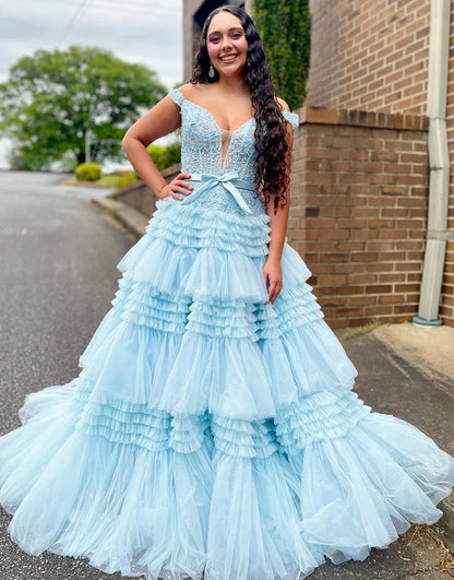 Off the Shoulder Tiered Princess Prom Dress