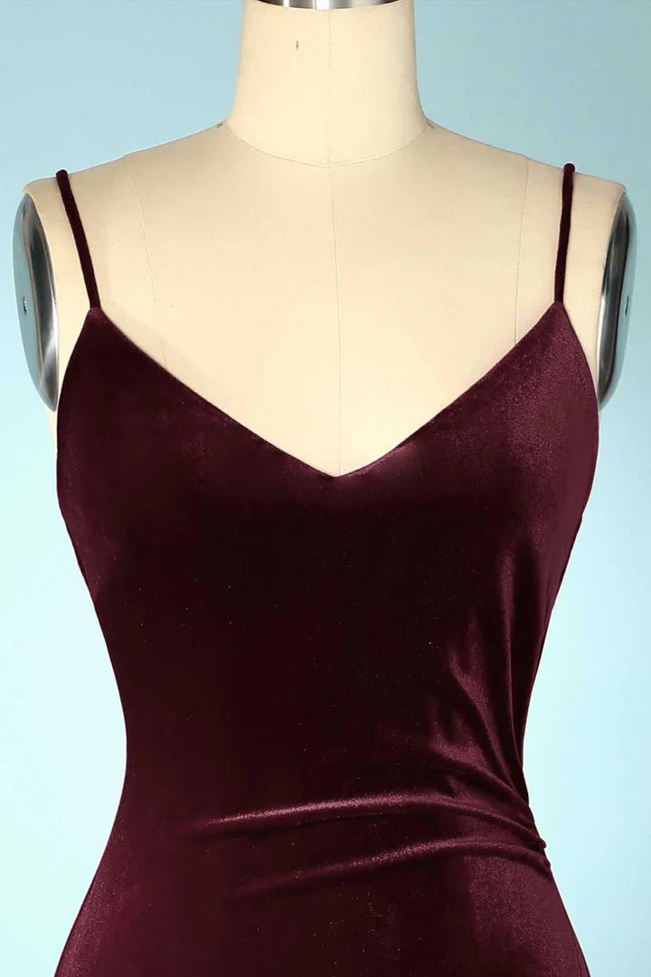 Burgundy Velvet V-Neck Straps Long Bridesmaid Dress with Slit