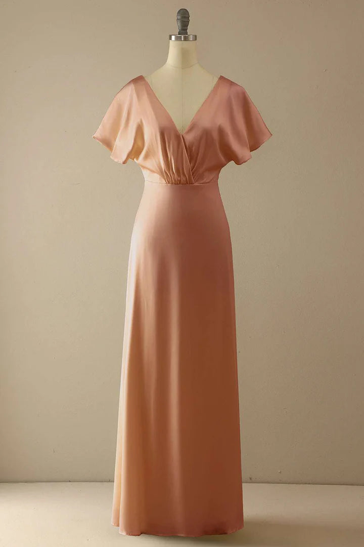 Elegant Champagne V-Neck Retract your waist Ruffled Bridesmaid Dress