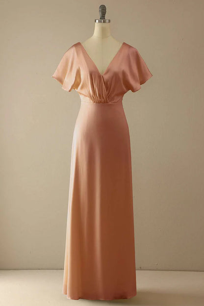 Elegant Champagne V-Neck Retract your waist Ruffled Bridesmaid Dress