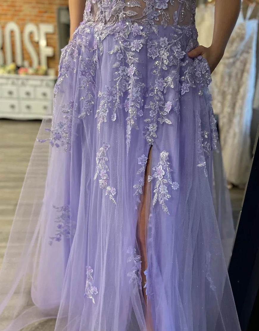 A-Line Tulle Appliques Long Prom Dress With Slit