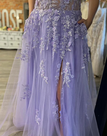 A-Line Tulle Appliques Long Prom Dress With Slit
