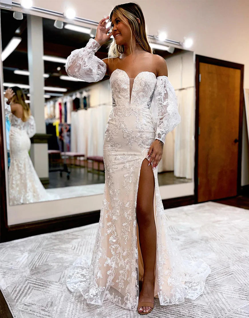 Sweetheart Side Slit Long Prom Dress with Sleeves