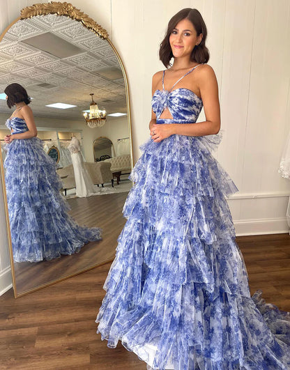 A-Line Halter Tiered Long Prom Dress
