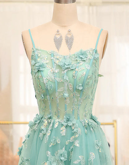A Line Tulle Appliqued Long Prom Dress With Slit
