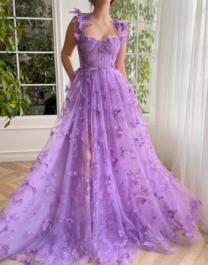 Butterflies Appliques Green Long Prom Dress With Slit