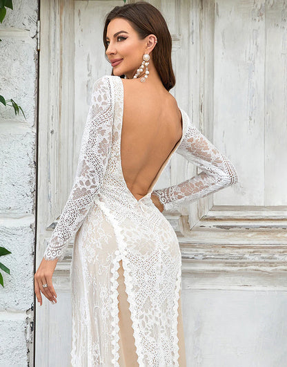 Champagne Long Sleeves Lace Sweep Train Wedding Dress