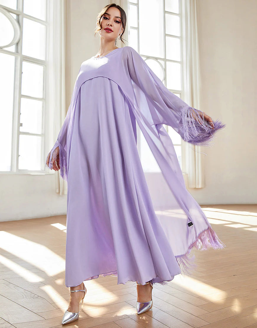 Boat Neck Fringes Lilac Formal Dress with Cape