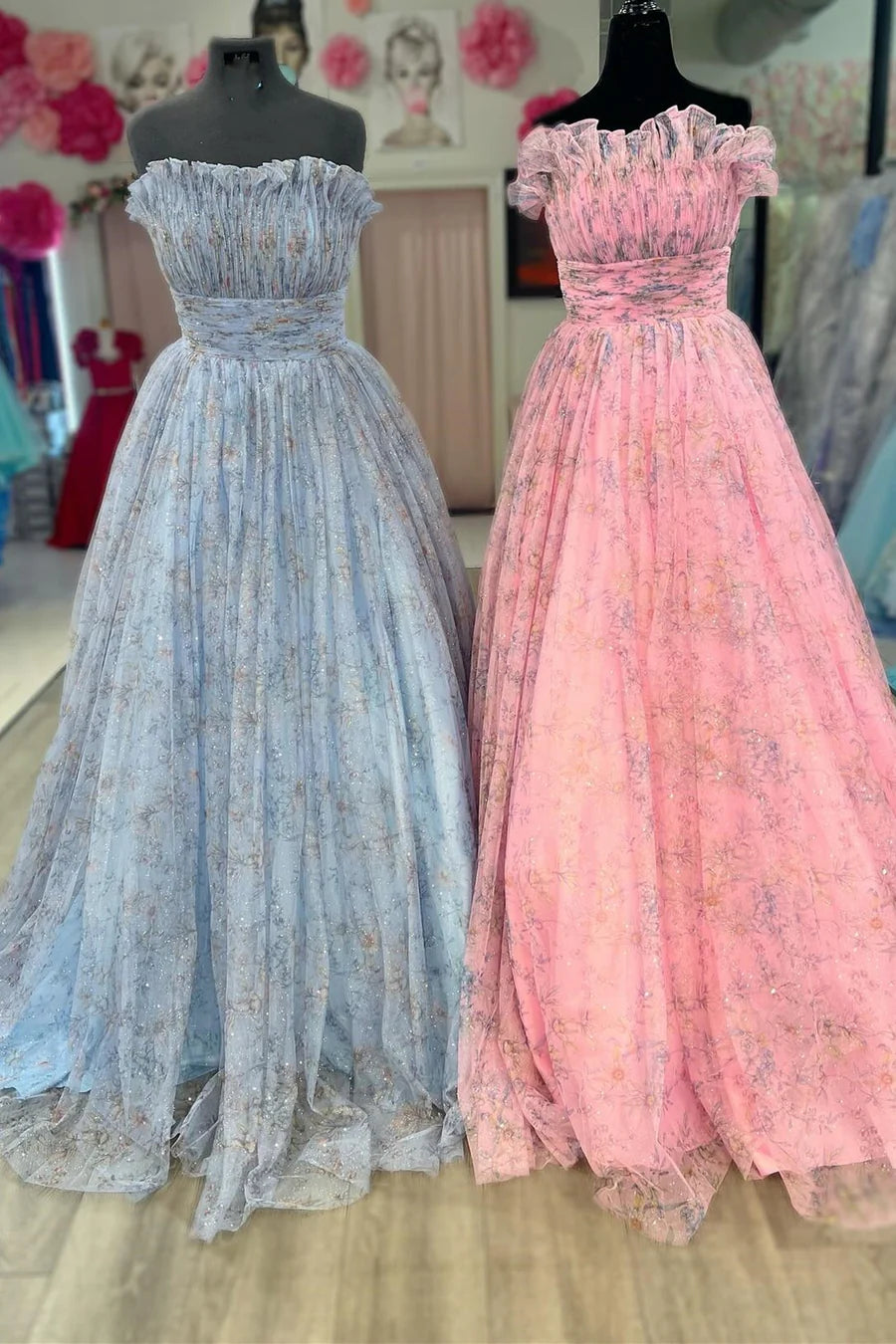 Print Strapless Ruffle A-Line Long Prom Dress
