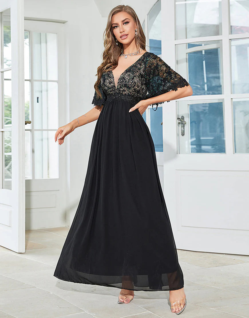 A-line Deep V-neck Short Sleeves Mother of Bride Dress