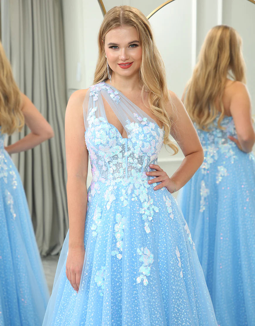 A Line One Shoulder Long Prom Dress With Appliques
