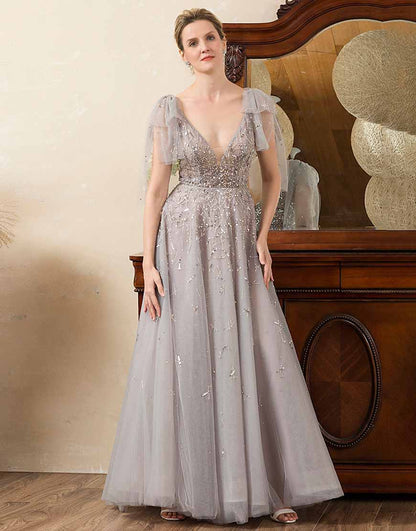 Grey A Line Beading Glitter Mother of Bride Dress