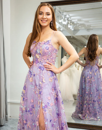 A Line Spaghetti Strap Appliqued Long Prom Dress With Slit