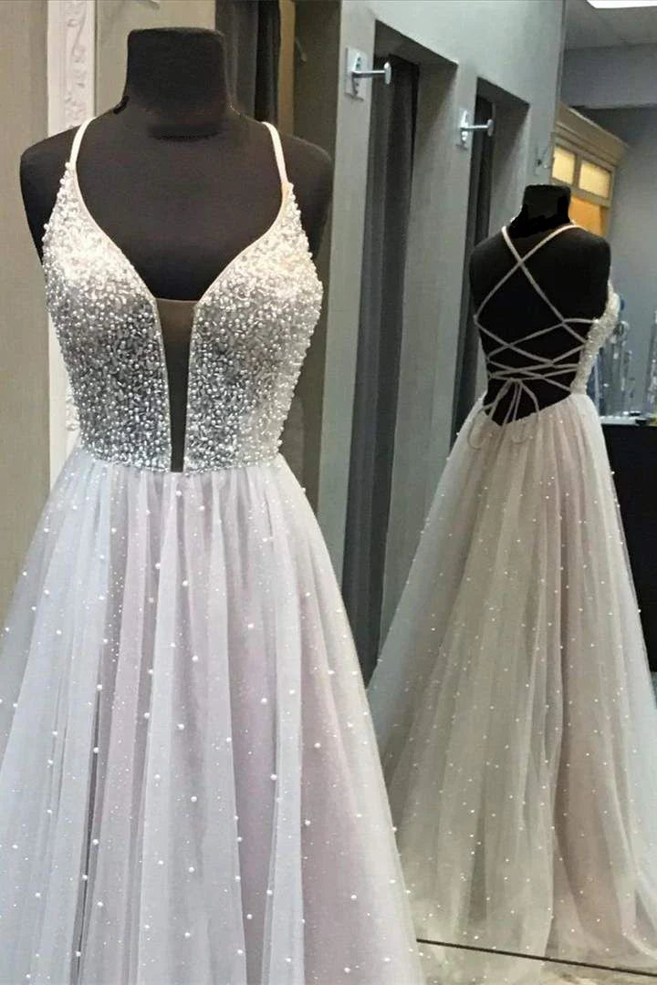 Tulle Beaded Sleeveless A-Line Prom Dress