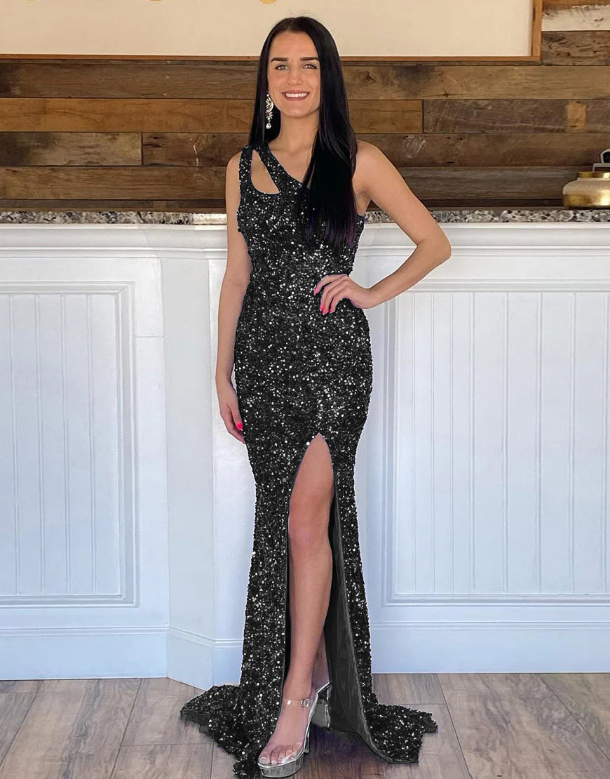 One Shoulder Open Back Sequin Prom Dress