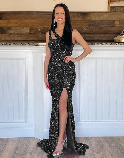 One Shoulder Open Back Sequin Prom Dress