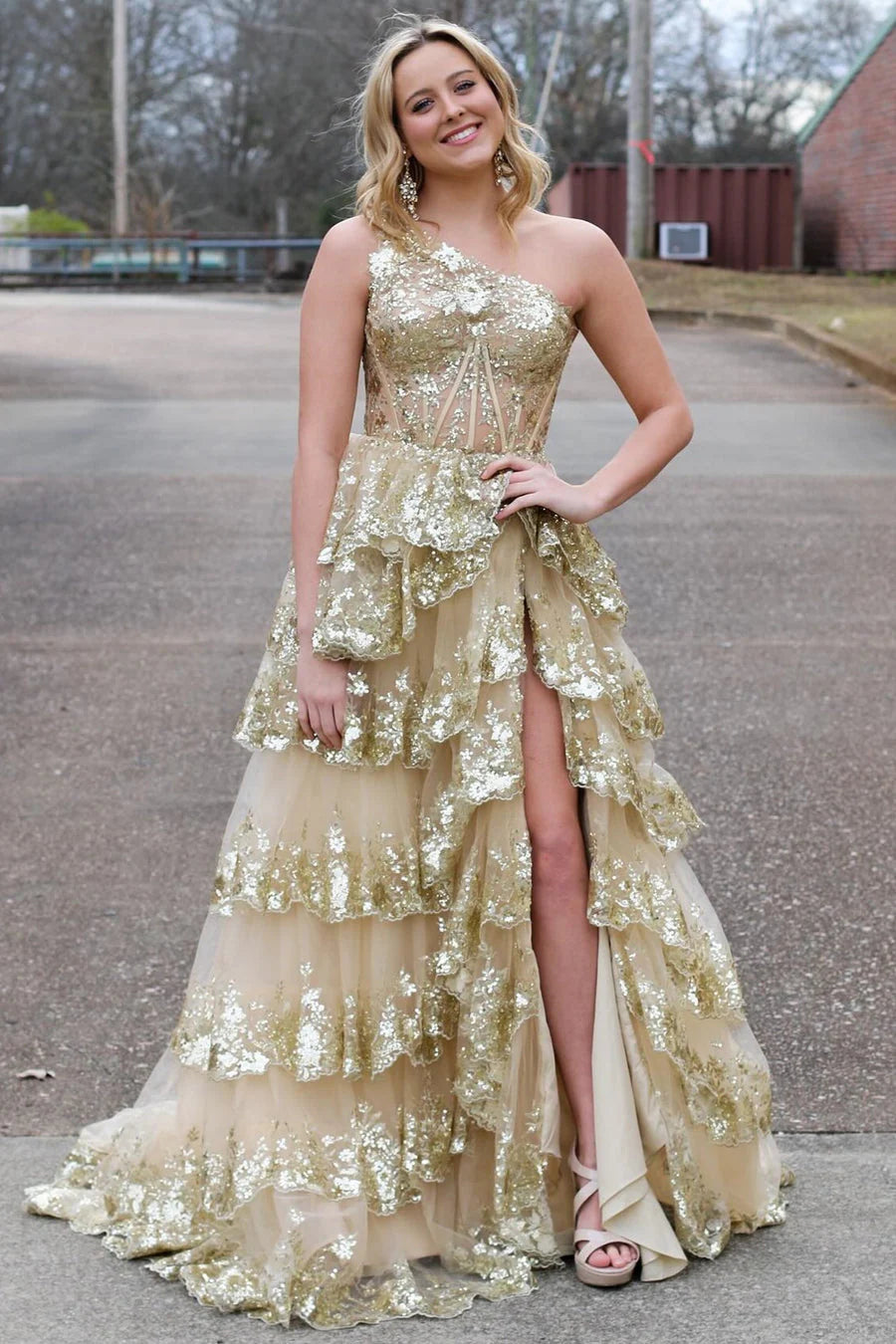 Sparkly Navy One Shoulder Tiered Lace Long Prom Dress With Slit