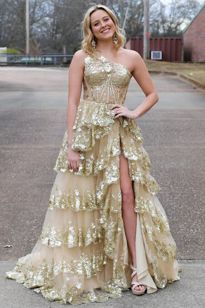 Sparkly Navy One Shoulder Tiered Lace Long Prom Dress With Slit