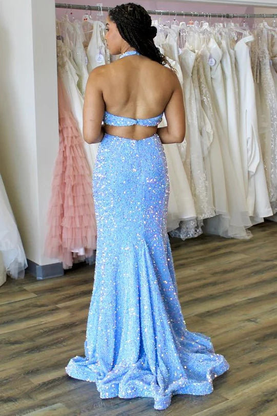 Sequin Halter Trumpet Long Prom Dress