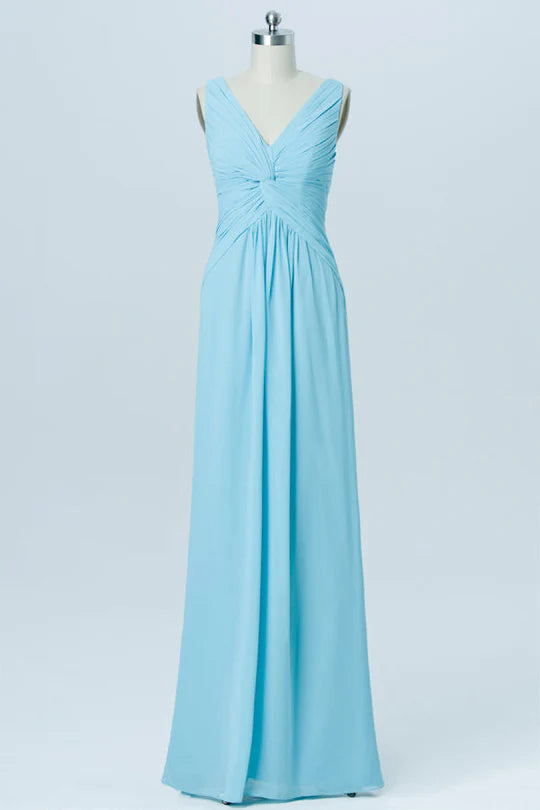 Aqua Blue Chiffon Twist Front Twist-Front Sleeveless Bridesmaid Dress